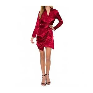 NEW INA FASHION satin long sleeve wrap style mini dress in wine